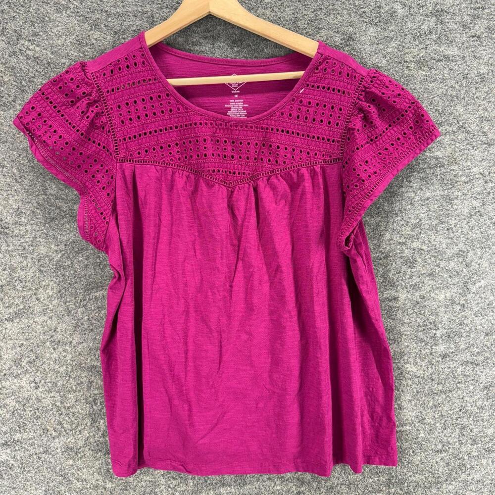 St. John's Bay Blouse Women 1X Plus Pink Embroidered Short Sleeve Cotton Casual